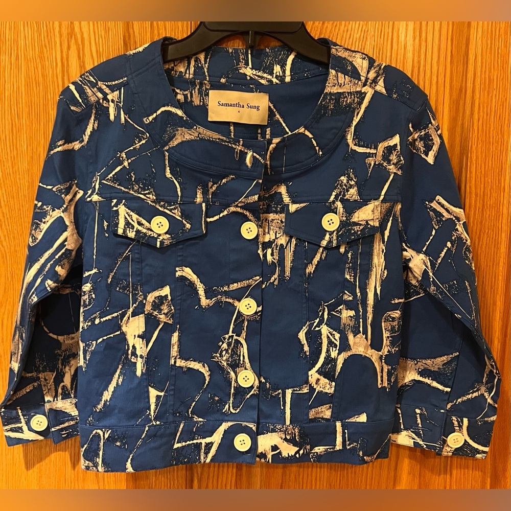 Samantha Sung‎ Abstract Print Button-Front Cropped Cotton Jacket Blue Size 4